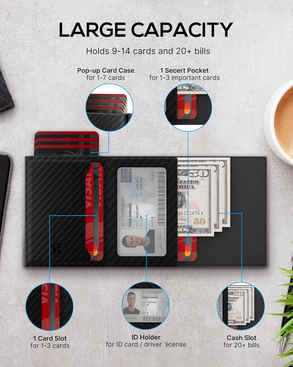 Mens Wallet Card Holder for AirTag: Smart Wallet Compatible with Apple Air Tag, Pop Up Card Case, Top Grain Leather, RFID Blocking, Slim, Minimalist, 9-14 Card Capacity | ID Window | Cash Slot