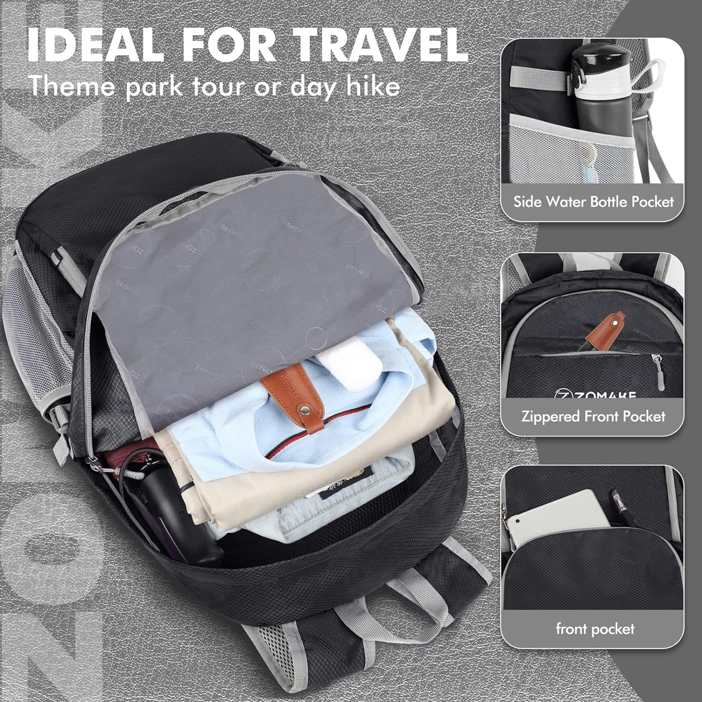 ZOMAKE Lightweight Packable Backpack 30L, Foldable Hiking Backpacks Water Resistant Compact Folding Daypack for Travel(Black)