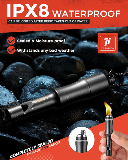 3-in-1 Fire Starter Survival Tool -Titanium Emergency Whistle, Kerosene Lighter & Mini Pill Holder, IPX8 Water-Resistant, Dust-Resistant, Compact for Hiking, Camping, Rescue(Fuel not Included)
