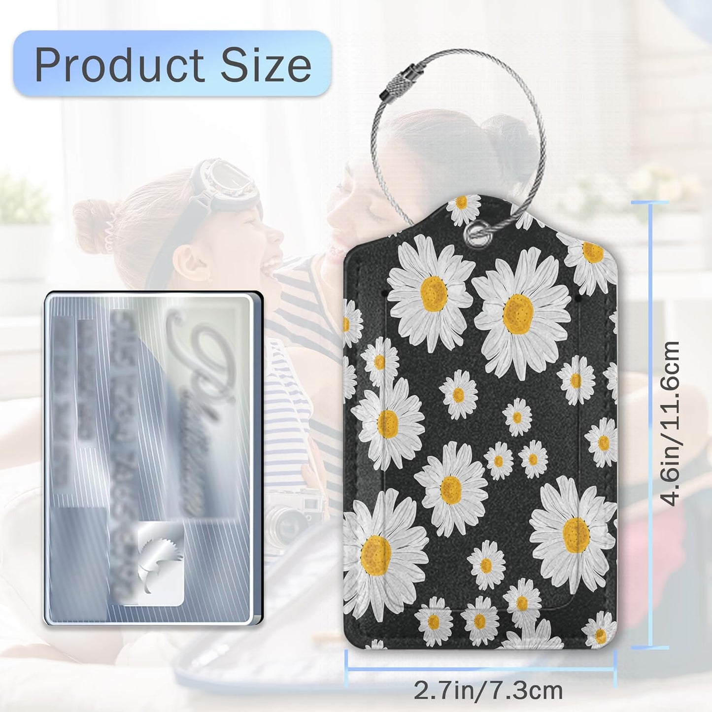 Daisies Luggage Tags,2 Pack Luggage Tag,Leather Privacy Cover ID Label with Stainless Steel Loop for Women Men Kids Girls Travel