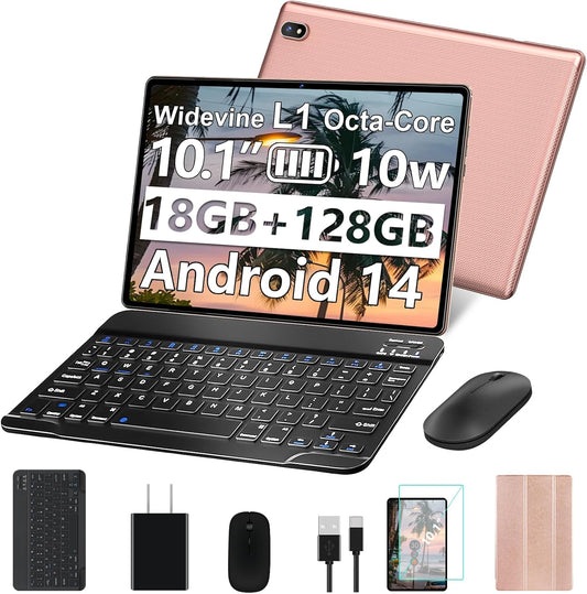 2025 Tablet Android 14 Tablets with 128GB ROM+18GB RAM, 1TB Expand 2 in 1 10.1 Inch Tablet with Keyboard, Powerful Octa-Core, WiFi 6, BT5.0, 6000mAh, Widevine L1, Gold