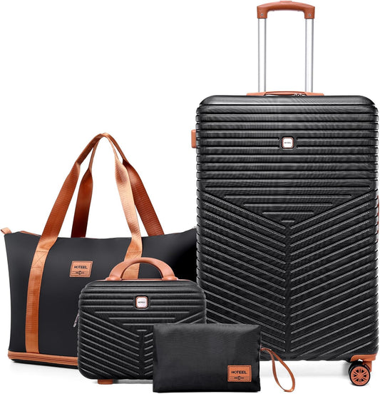 Hoteel 4 Piece Luggage Set (4-YEAR WARRANTY) Carry on ABS+PC Hard Shell Suitcase with Spinner Wheels & TSA Lock (Black)