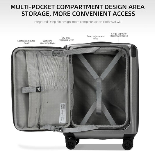 Carry On Luggage, 20 Inch Top Opening Aluminum Frame Lightweight Airline Approved ABS+PC Hard Shell Suitcases with Silent Wheels, TSA Lock, Front Pocket & Wet-dry Separated Six-piece Set