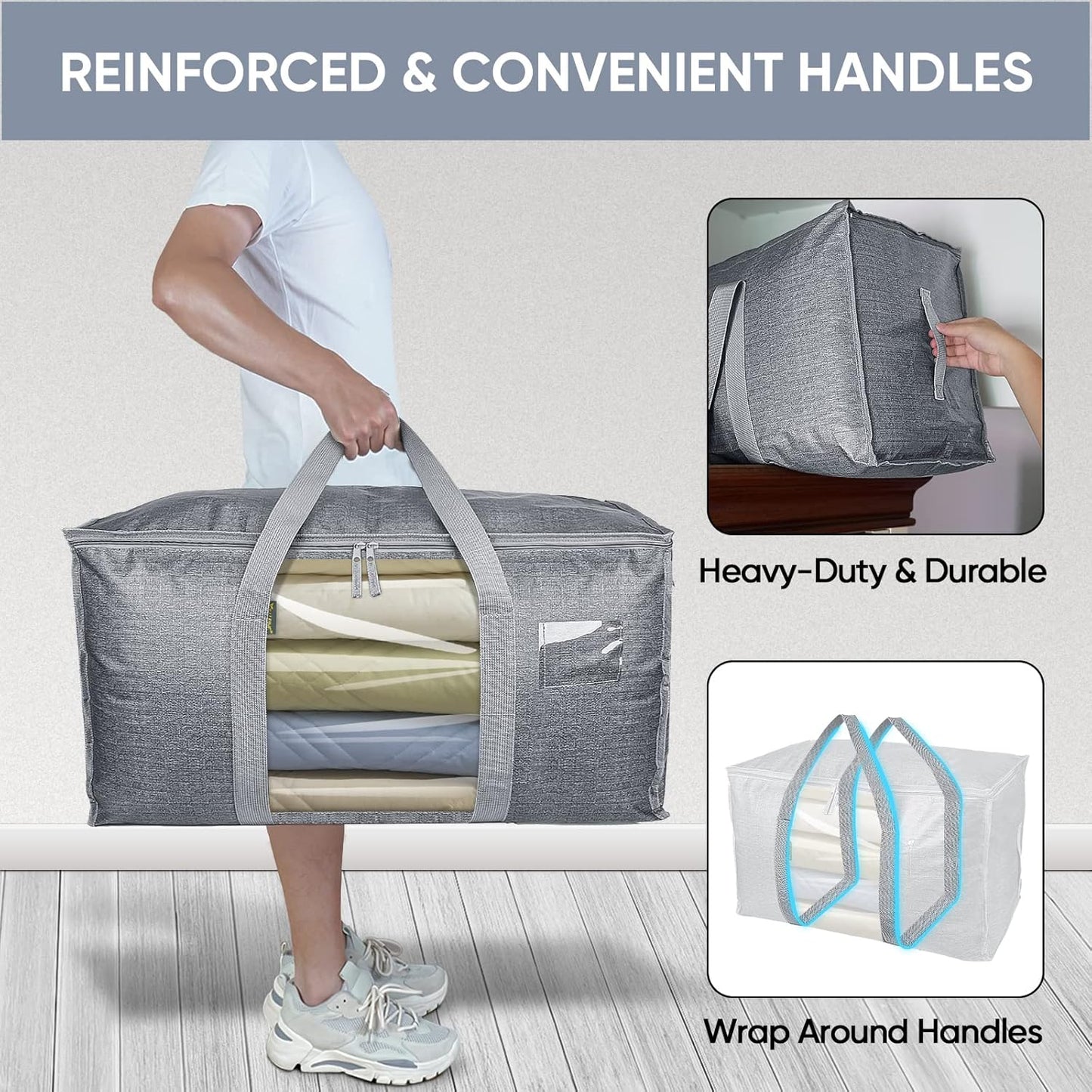 BALEINE 6-Pack Oversized Moving Bags with Reinforced Handles, Heavy-Duty Storage Tote for Clothes, Moving Supplies (Grey with Window, 6 Pack)