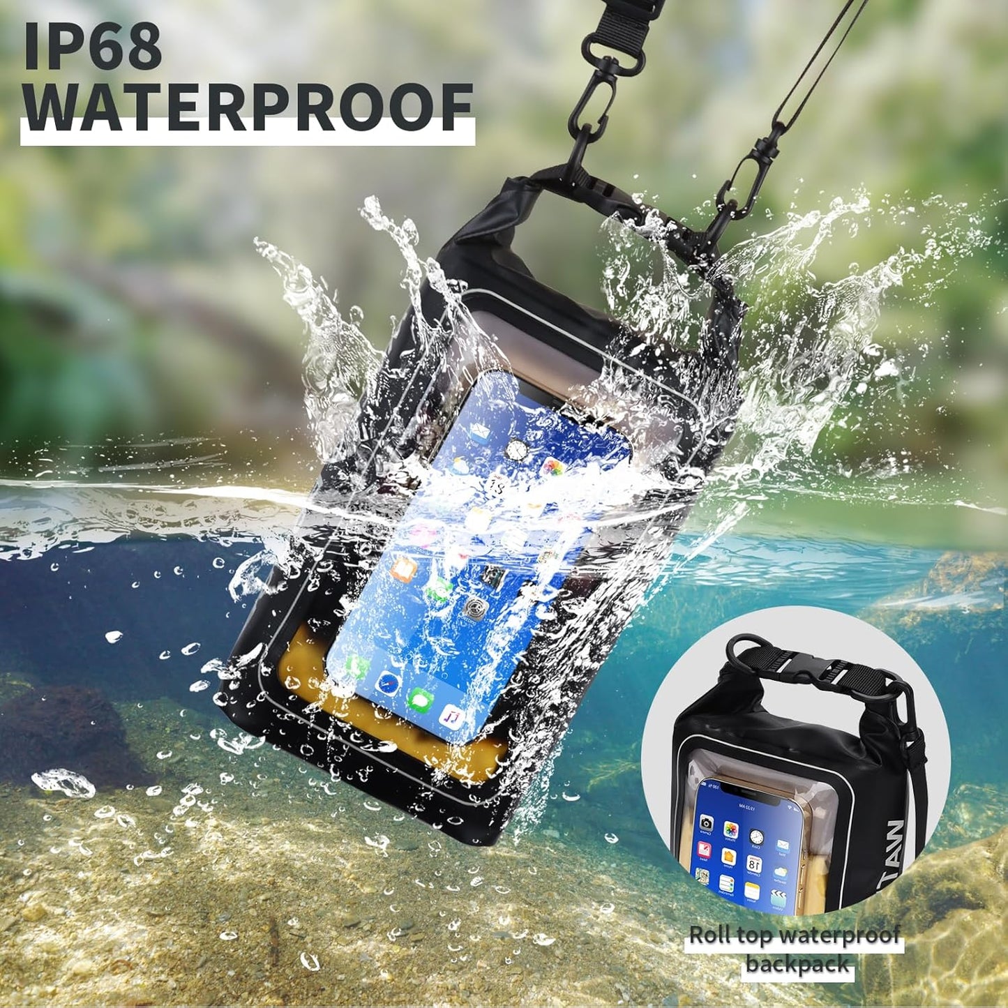 IP68 Waterproof Dry Bag, 2L - Roll Top Waterproof Pool Bag，Dry Bags for Kayaking Waterproof-w/Phone Pouch,Large Waterproof Phone Pouch,Boating & Kayak Accessories Camping (Black)