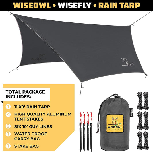 Wise Owl Outfitters Hammock Rain Fly – Waterproof Camping Tarp Cover with Tent Stakes & Carry Bag, Ultralight Shelter for Backpacking & Outdoor Shade