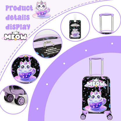 Cute Black Cat Kid's Luggage Set 2 Piece Suitcase Set 16" Hardside Luggage with Spinner Wheels Girls Carry on Toddler Travel Rolling Luggage Airline Approved