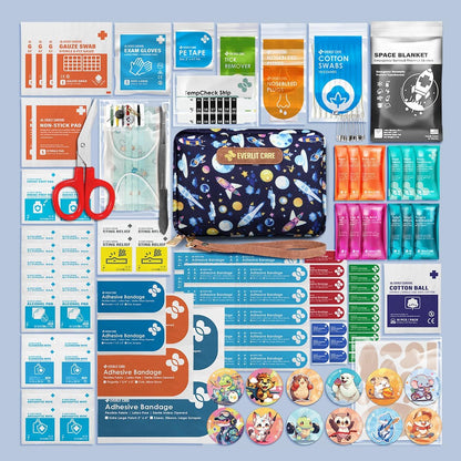 EVERLIT Care Rescue Pack | Family-Friendly First Aid Kit for Kids with 200 Pcs Medical Supplies | Travel-Friendly Compact Storage Bag for Home, Car, Travel, Camping, Adventure (Galaxy)