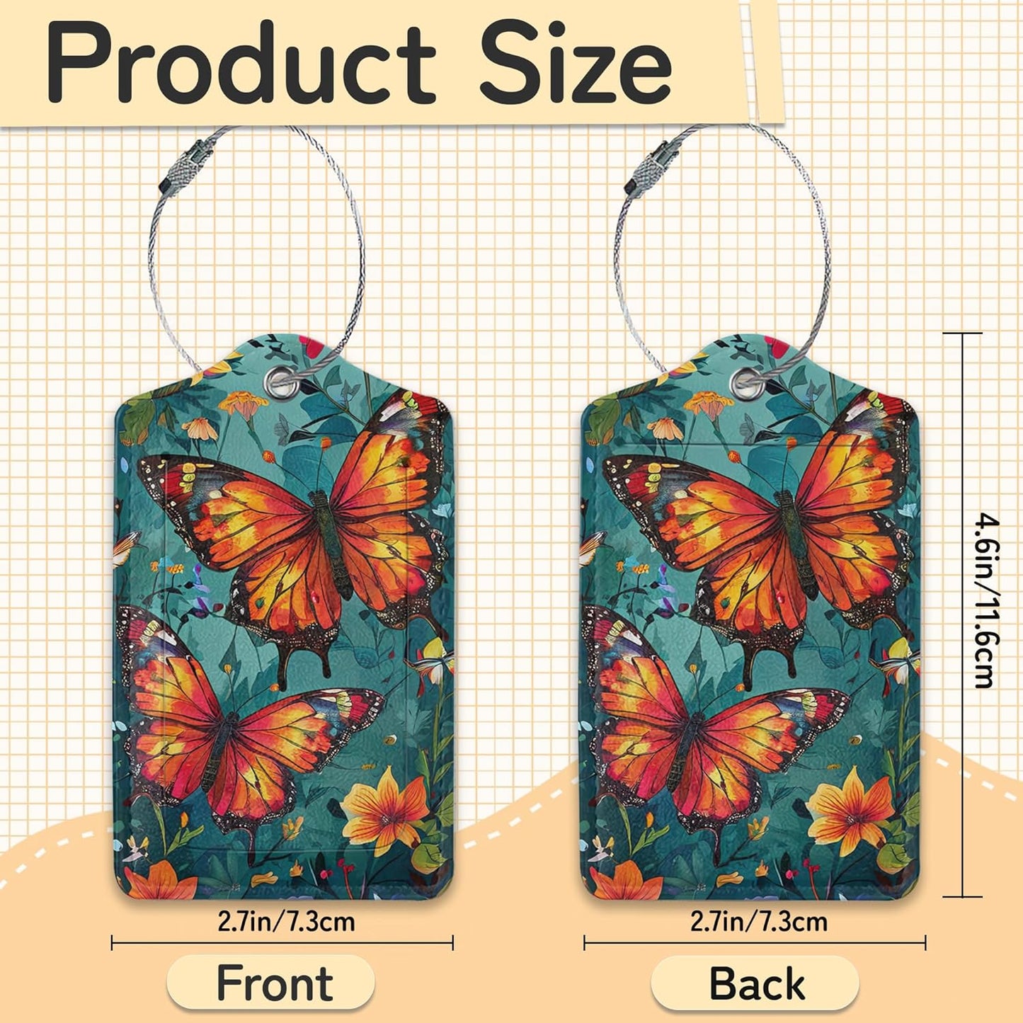 3 Pack Vintage Butterfly Wildflower Luggage Tags for Suitcases,Cute Leather Name Tag with Privacy Cover with Stainless Steel Loops, Travel ID Bag Tags for Women Men