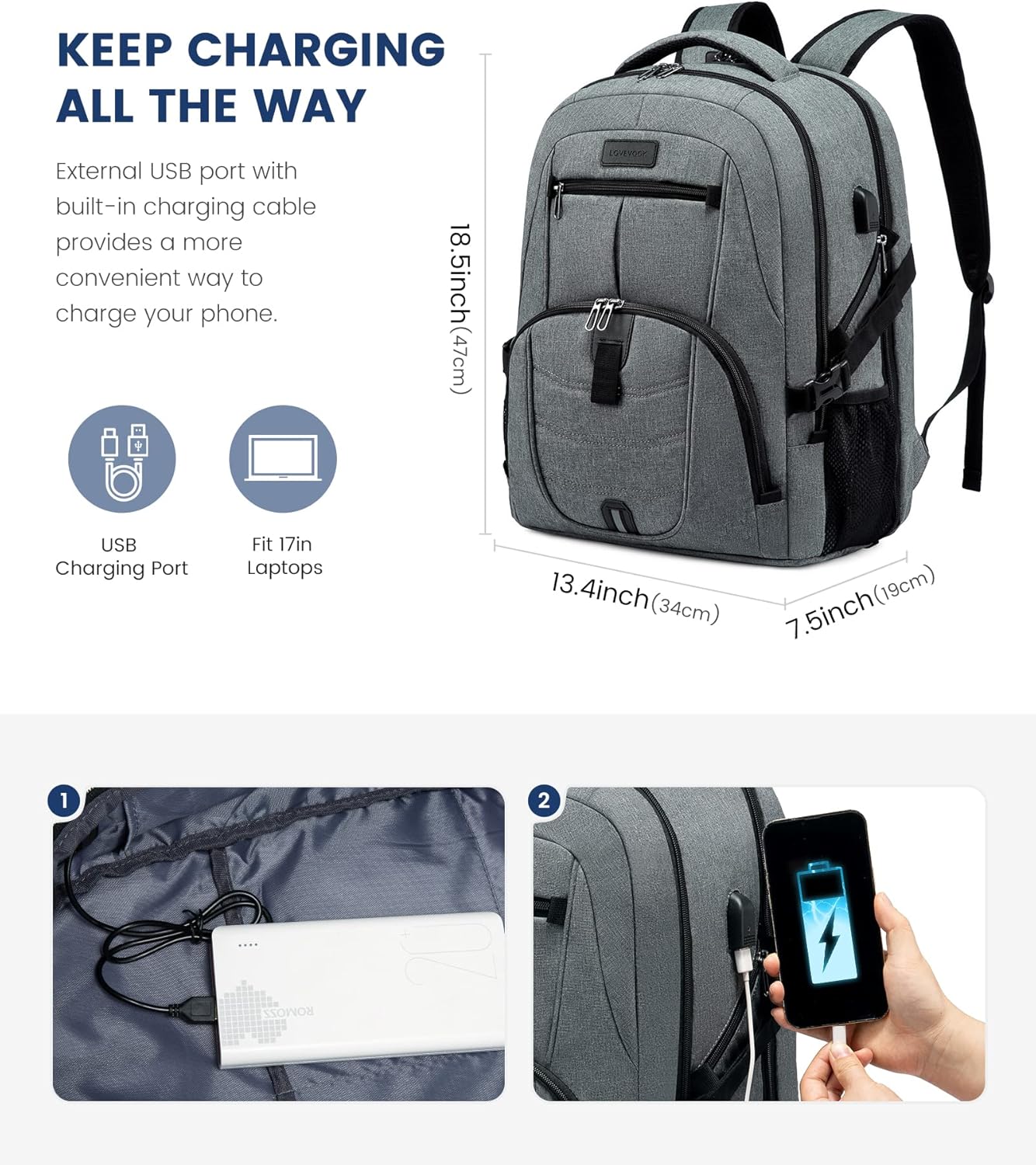 LOVEVOOK 17 inch DarkGrey Travel Laptop Backpack with USB Charging Port, Anti-Theft, Waterproof, Large Computer Business Backpack for Men, College Students