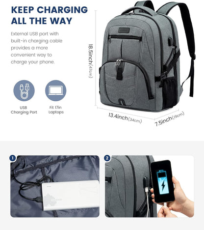 LOVEVOOK 17 inch DarkGrey Travel Laptop Backpack with USB Charging Port, Anti-Theft, Waterproof, Large Computer Business Backpack for Men, College Students