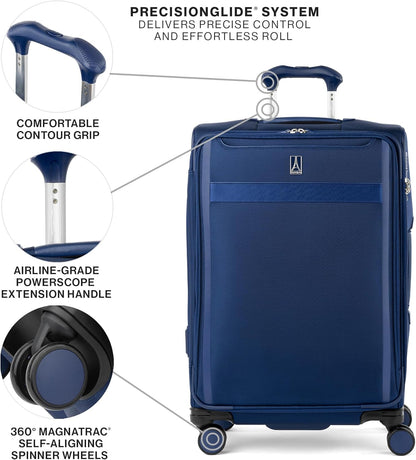 Travelpro VersaPack+ Lightweight Softside Expandable Checked Luggage, 8 Spinner Suitcase, TSA Lock, Men and Women, Checked Medium 25-Inch, Estate Blue