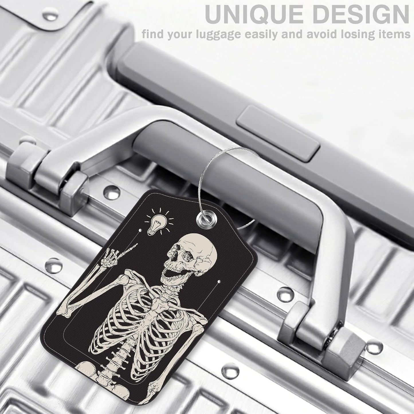 2 Pcs Human Skeleton Luggage Tags for Suitcases PU Leather Baggage Tags Name ID Label with Privacy Cover and Stainless Steel Loop for Men Women Travel Bag Suitcase