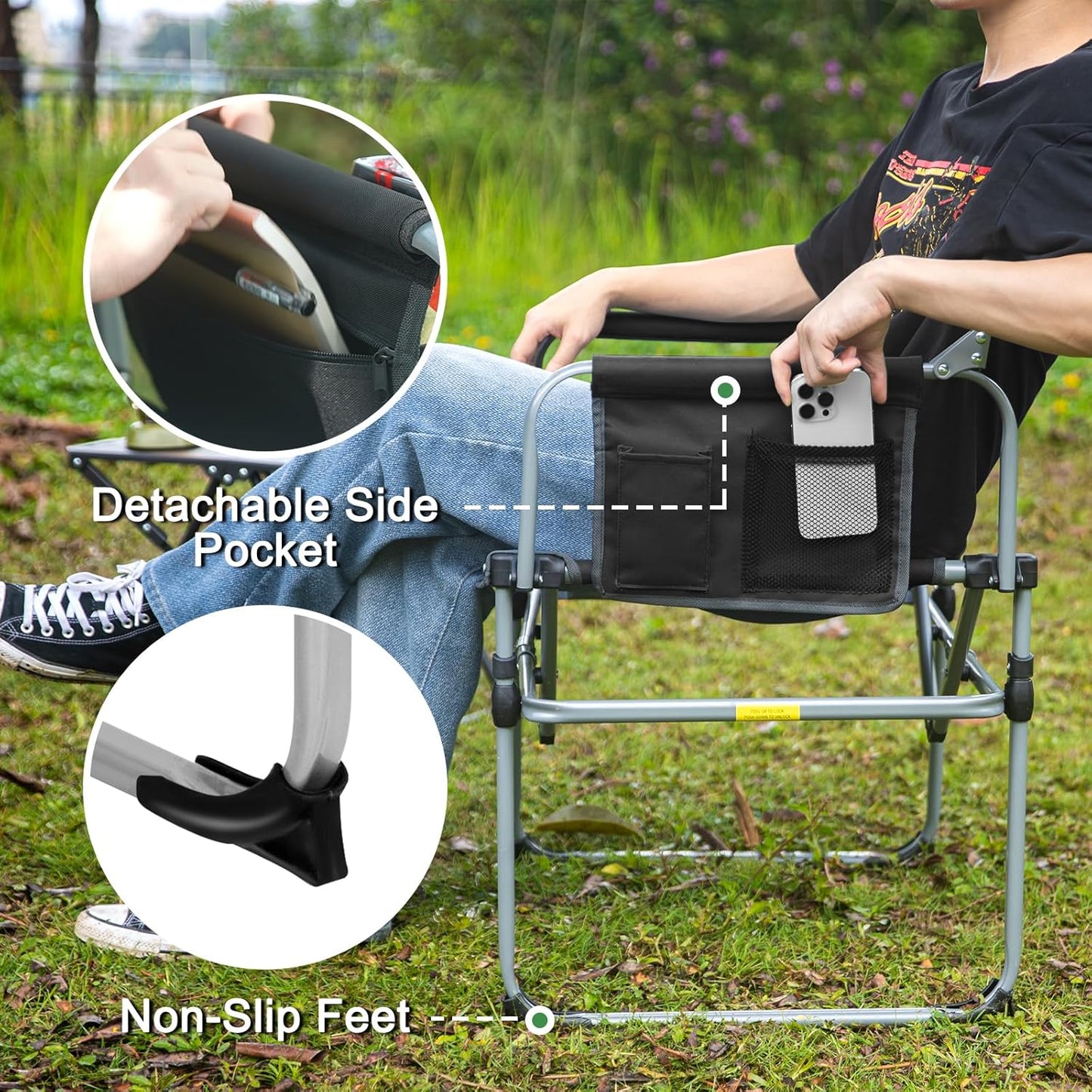 Romswi Director Chairs for Outdoor, Folding Camping Chair, Compact Directors Chair Side Table and Side Bag, Heavy Duty Oversize Seat for Beach Fishing Picnic Chairs, Holds up to 300 lbs Black 2 Pcs