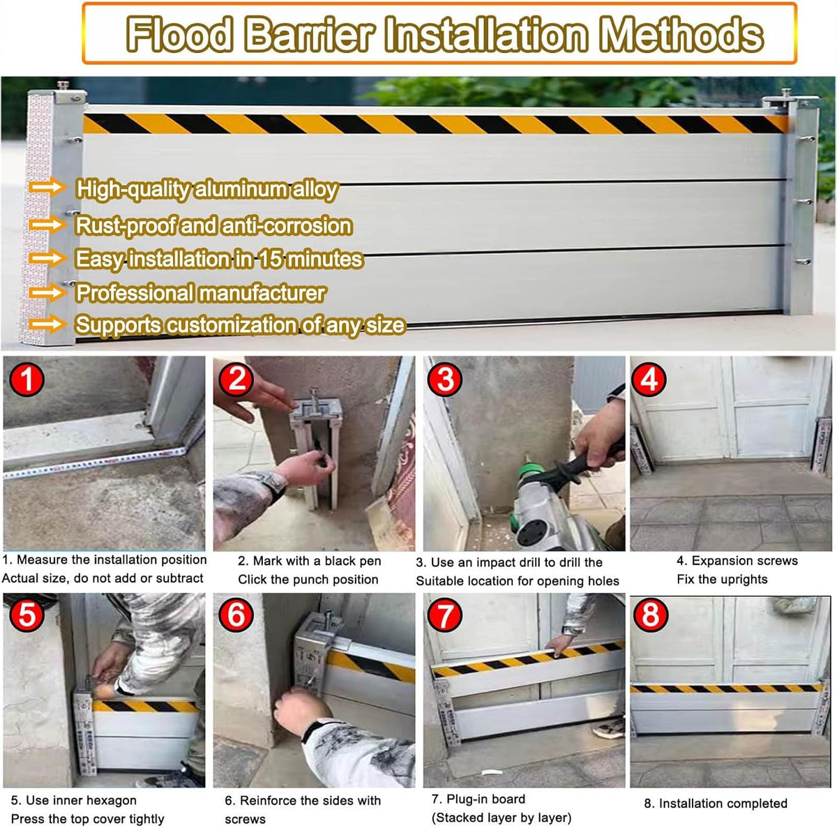 Reusable Flood Barrier, 3/4/5/6/7/8/9/10/11/12/13ft Long Heavy Duty Aluminum Water Barrier Shield for Sliding Glass Door/Driveway/Home Doorway, Removable Stopper Shield with Rubber(H 0.6ft