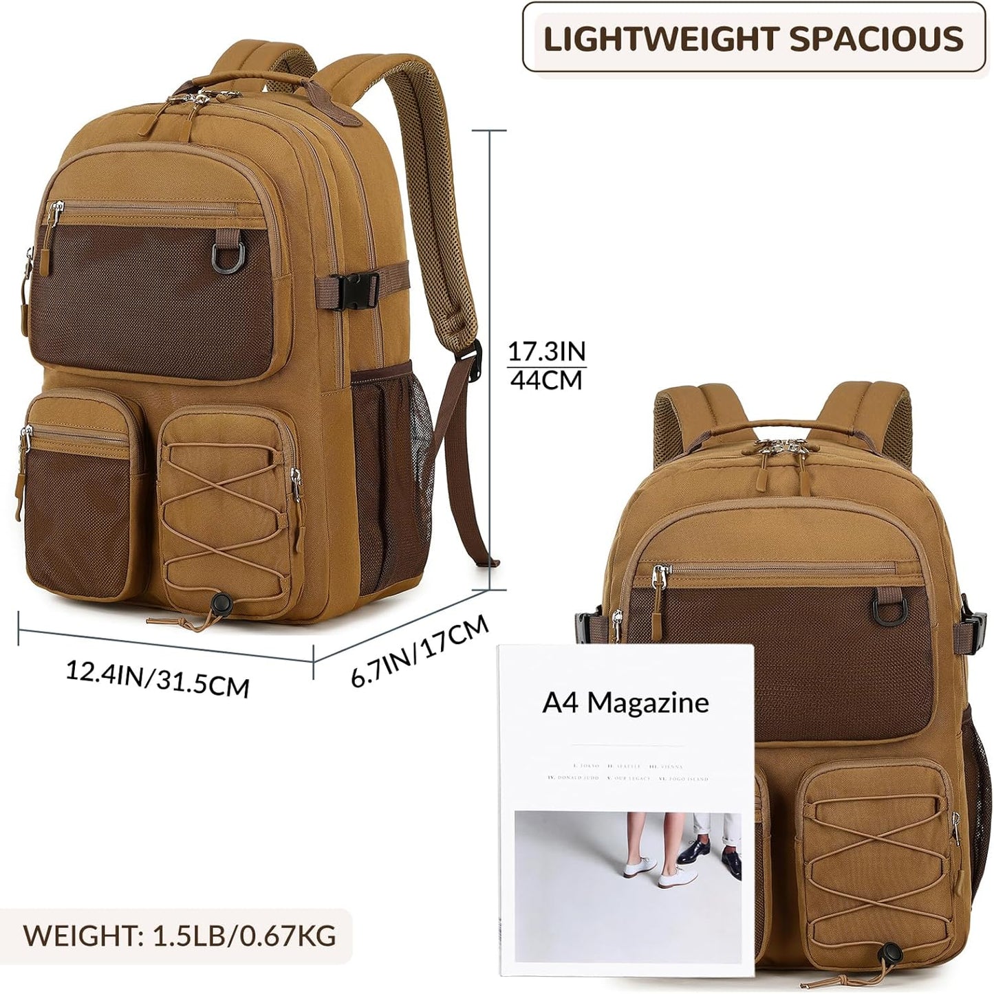 Lohol Water Resistant Daypack with Mulitiple Pockets for Travel Outdoor College, 15.6 inch Laptop Backpack for Men and Women (Brown)