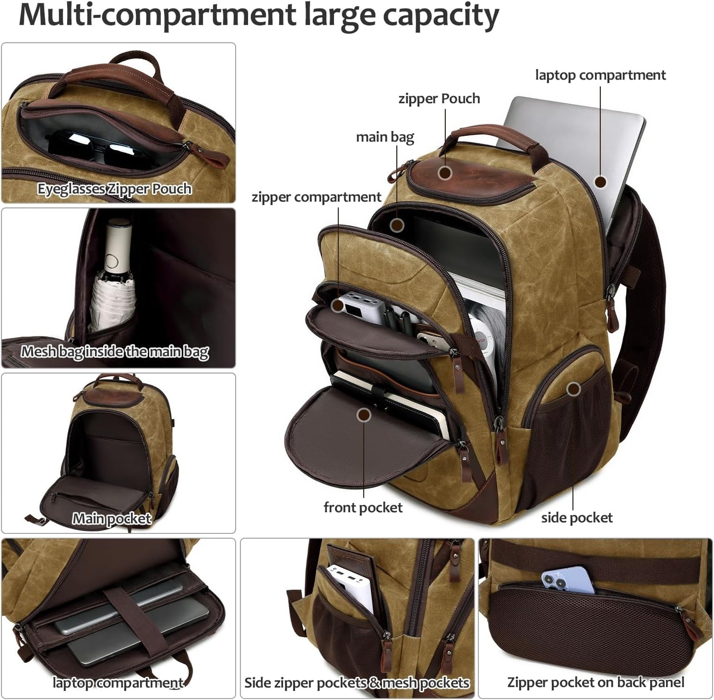 Travel Laptop Backpack 17.3 inch XL Computer Backpack for Men Waxed Canvas College Daypack Business Backpack Brown