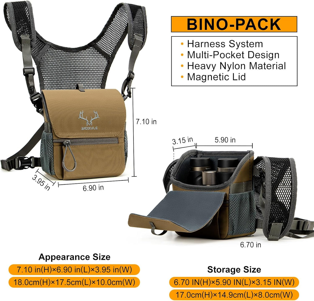 Binocular Harness Chest Pack: Bino Case with Magnetic Lid and Rain Cover for Hunting(Green)