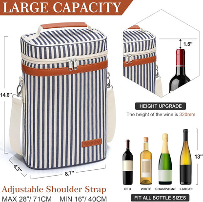 2 Bottle Wine Bag Wine Cooler Carrier Wine Gift Tote Bag, Leakproof & Insulated Bottle Bags for Travel, BYOB, Beach, Dinner, Party, Christmas Gifts for Wines Lovers Women Men - Navy Stripe