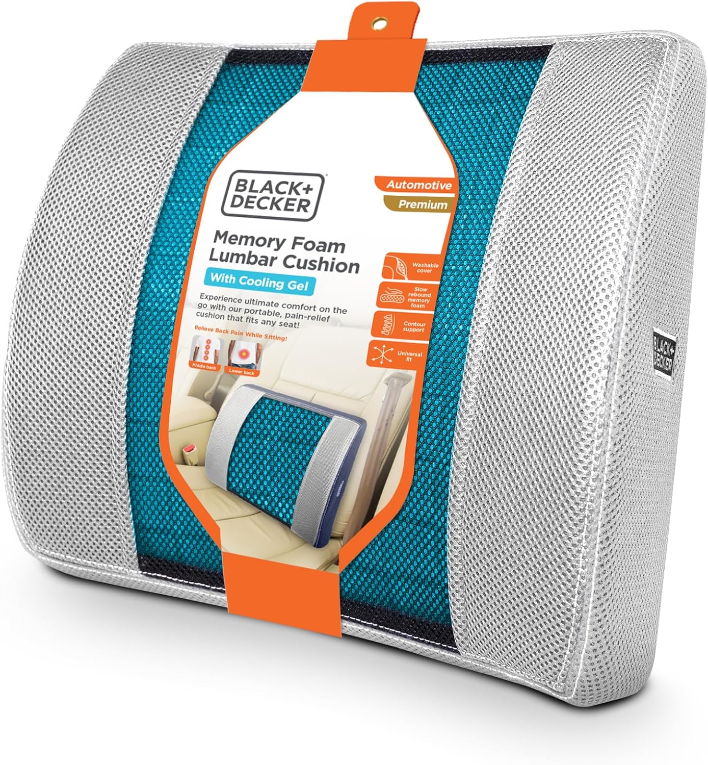 BLACK+DECKER Cooling Gel Lumbar Memory Foam Cushion – Ergonomic Back Support Travel Pillow with Ventilated Mesh, Adjustable Strap, Slow Rebound Memory Foam, Washable Cover