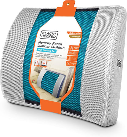 BLACK+DECKER Cooling Gel Lumbar Memory Foam Cushion – Ergonomic Back Support Travel Pillow with Ventilated Mesh, Adjustable Strap, Slow Rebound Memory Foam, Washable Cover