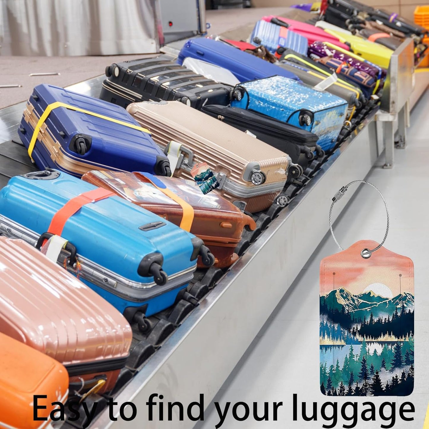 Mountain Forest Landscape Painting 2-Pcs Premium Leather Tags with Privacy Covers,Luggage Tag Stainless Steel Loops Ideal for Suitcases, Travel Bags, Backpacks