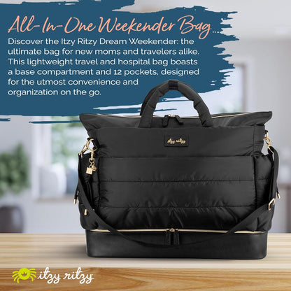 Itzy Ritzy Dream Weekender Travel Bag – Lightweight Overnight Bag with Base Compartment, 12 Pockets, Bottle Holders & Strap