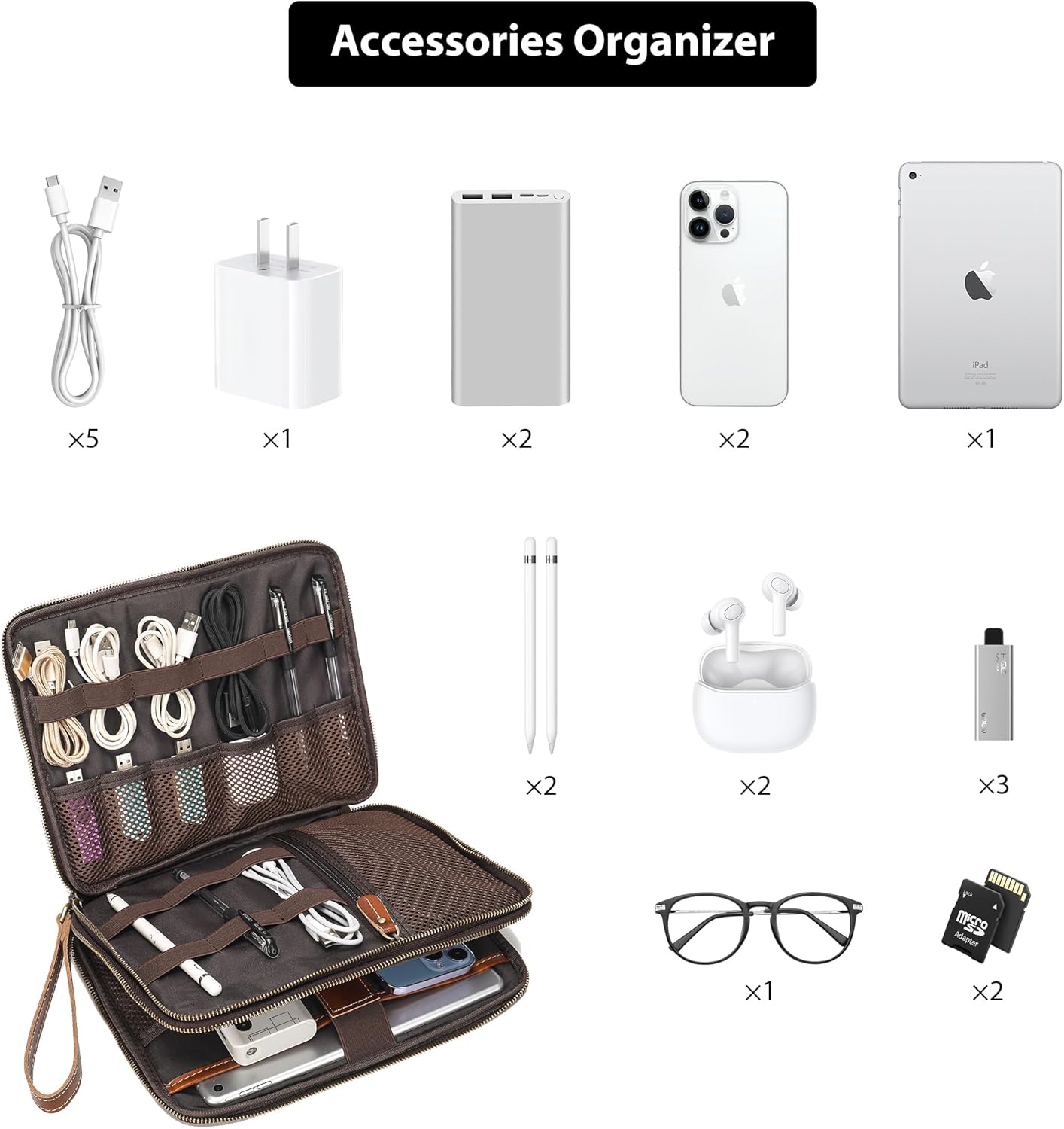 LANNSYNE Full Grain Leather Travel Cable Accessories Bag, Electronic Organizer Carry Case Double Layer Storage Case for Cables, Charger, Phone, Power Bank