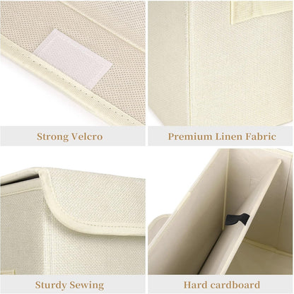 Large 22 Quart [4-Pack] Linen Fabric Foldable Storage Bin Cube Organizer Basket with Flip-Top Lid & Handles, Clothes Blanket Box for Home, Office, Closet (14.6 x 9.5 x 9.5, Beige)