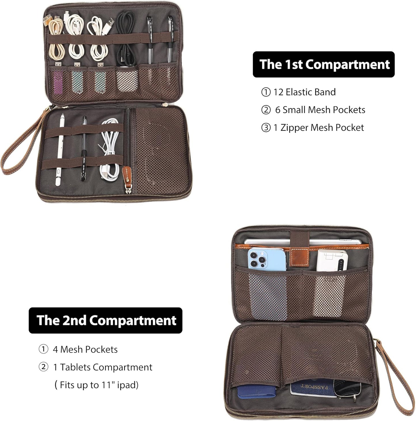 LANNSYNE Full Grain Leather Travel Cable Accessories Bag, Electronic Organizer Carry Case Double Layer Storage Case for Cables, Charger, Phone, Power Bank