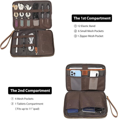 LANNSYNE Full Grain Leather Travel Cable Accessories Bag, Electronic Organizer Carry Case Double Layer Storage Case for Cables, Charger, Phone, Power Bank
