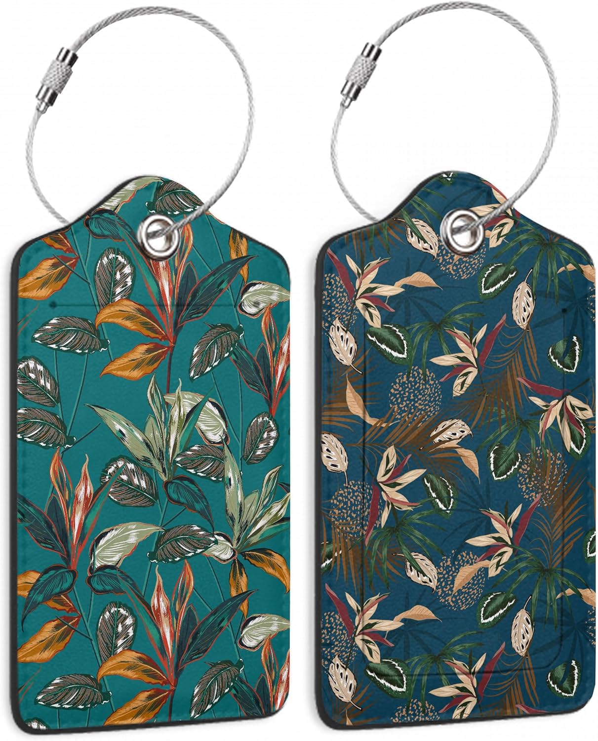 2 Pack Luggage Tags for Suitcases Retro Tropical Plants Luggage Tag, Leather Stainless Steel Loop Label Tag for Men Women Travel Bag Suitcase