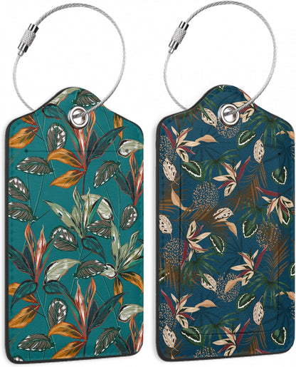 2 Pack Luggage Tags for Suitcases Retro Tropical Plants Luggage Tag, Leather Stainless Steel Loop Label Tag for Men Women Travel Bag Suitcase