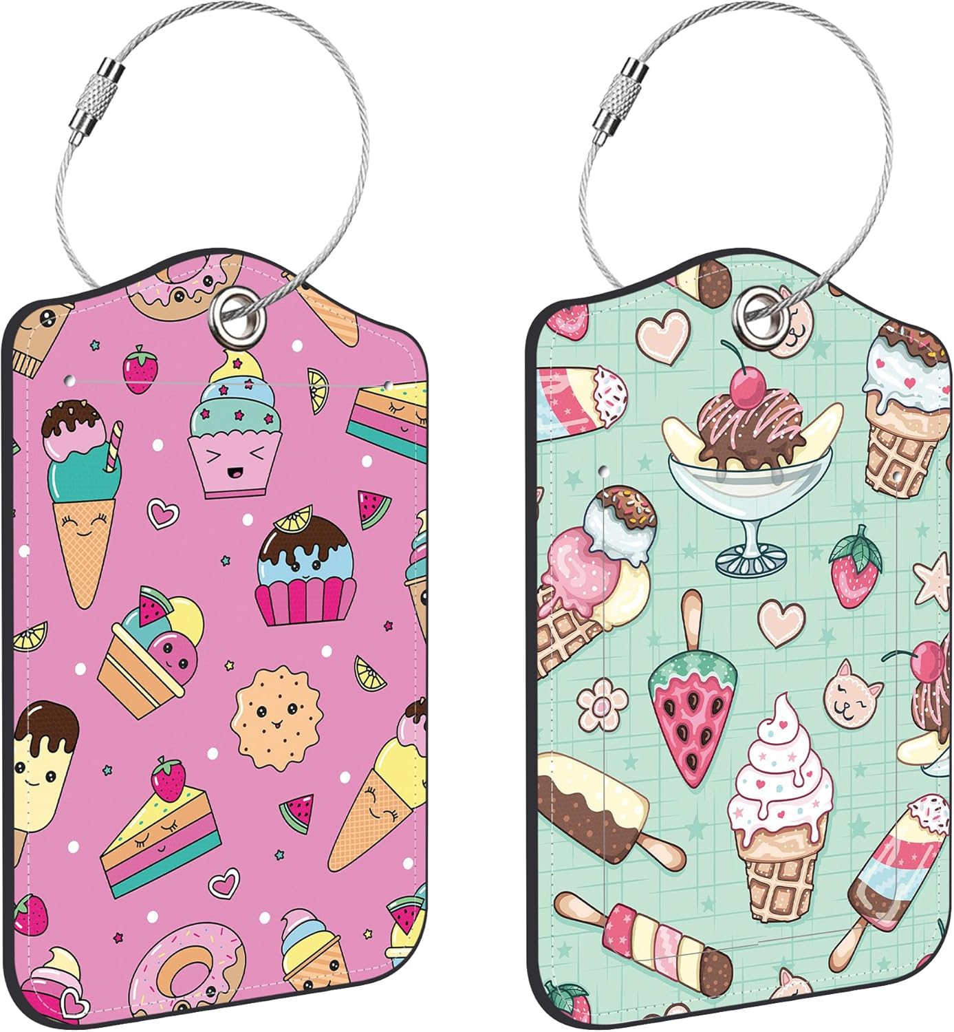 Cute Ice Cream Doole Luggage Tags for Suitcases Leather Travel Tags for Luggage ID Label with Privacy Cover and Stainless Steel Loop for Men Women Suitcase Backpack, Set of 2