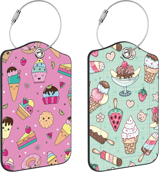 Cute Ice Cream Doole Luggage Tags for Suitcases Leather Travel Tags for Luggage ID Label with Privacy Cover and Stainless Steel Loop for Men Women Suitcase Backpack, Set of 2