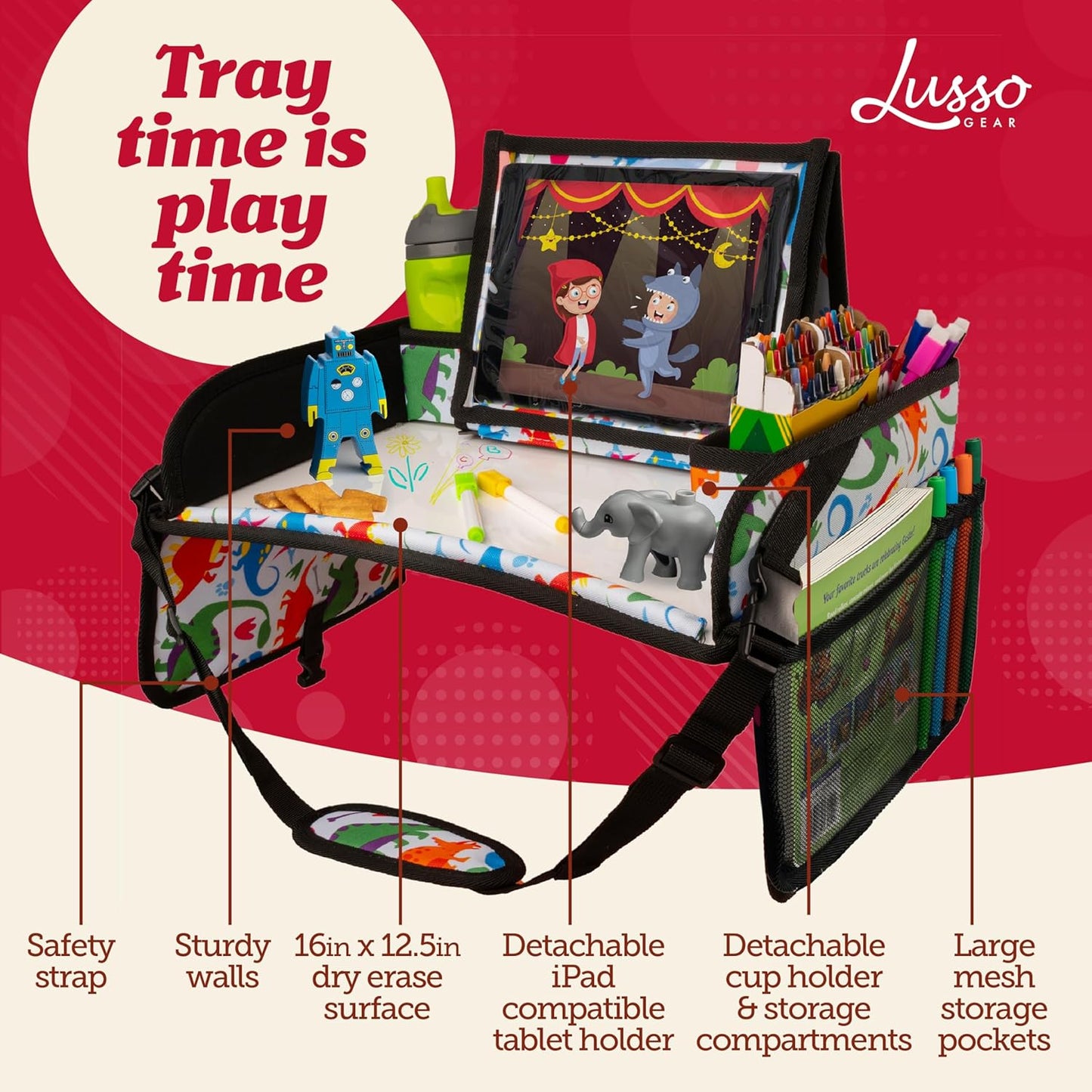 Lusso Gear Kids Travel Tray for Car Seat - Dinos, Oxford Cloth & Plastic - Dry-Erase Tablet Holder with Cup Holder & Storage - Road Trip Essentials & Plane Activity Tray