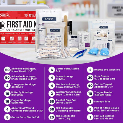 100 Person OSHA Compliant First Aid Kit for Businesses, Vehicles, Trucks, Construction Site - Type III, ANSI Class A Emergency Kit - 364 Piece Essential First Aid Supplies