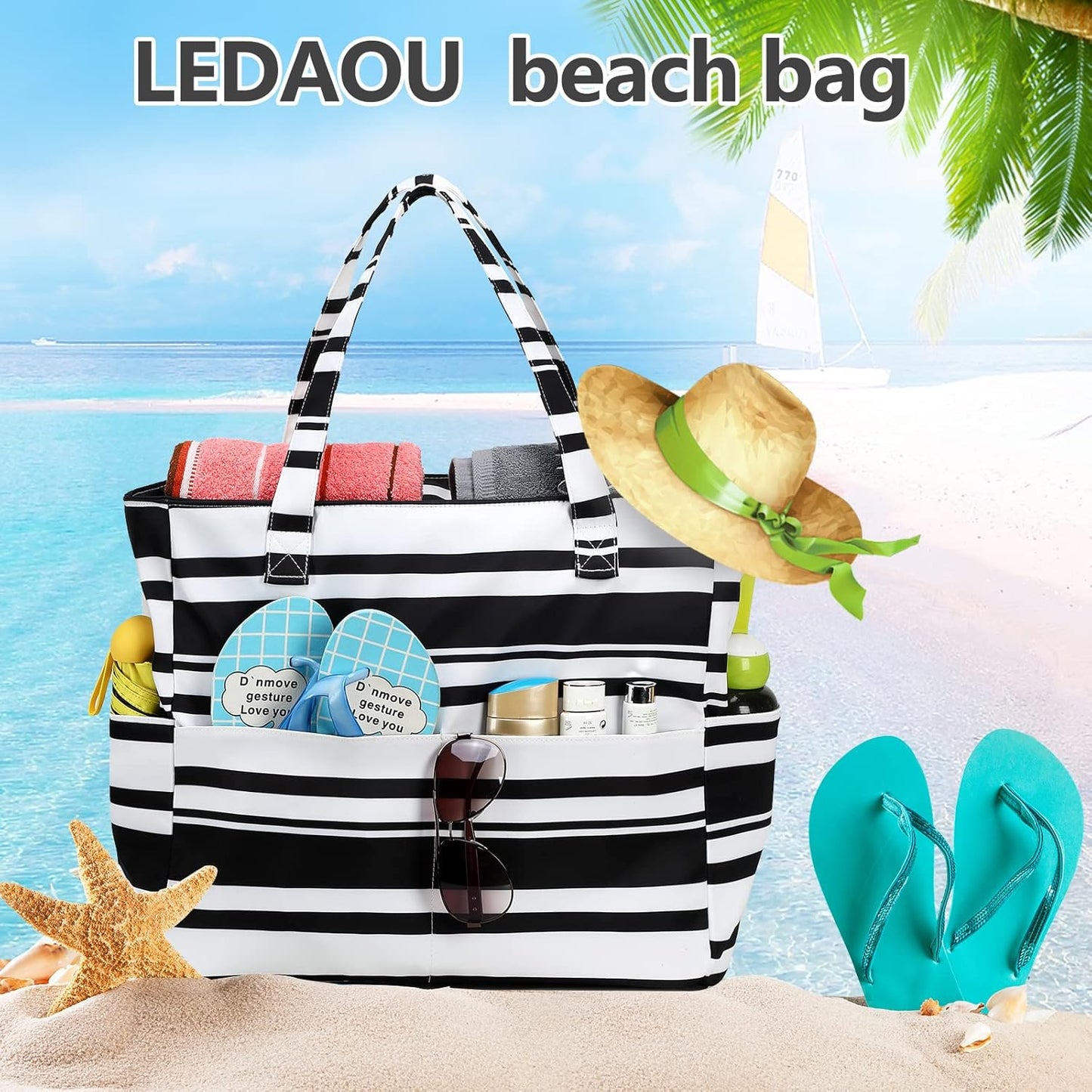 LEDAOU Large Beach Tote Bag Women Waterproof Sandproof Zipper Beach Tote Bag for Pool Gym Grocery Travel with Wet Pocket
