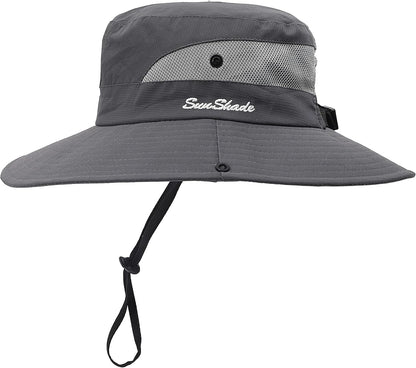 Womens Summer Sun Hat Beach Hat Wide Brim Outdoor UV Protection Hat Foldable Cool Mesh Ponytail Bucket Hat