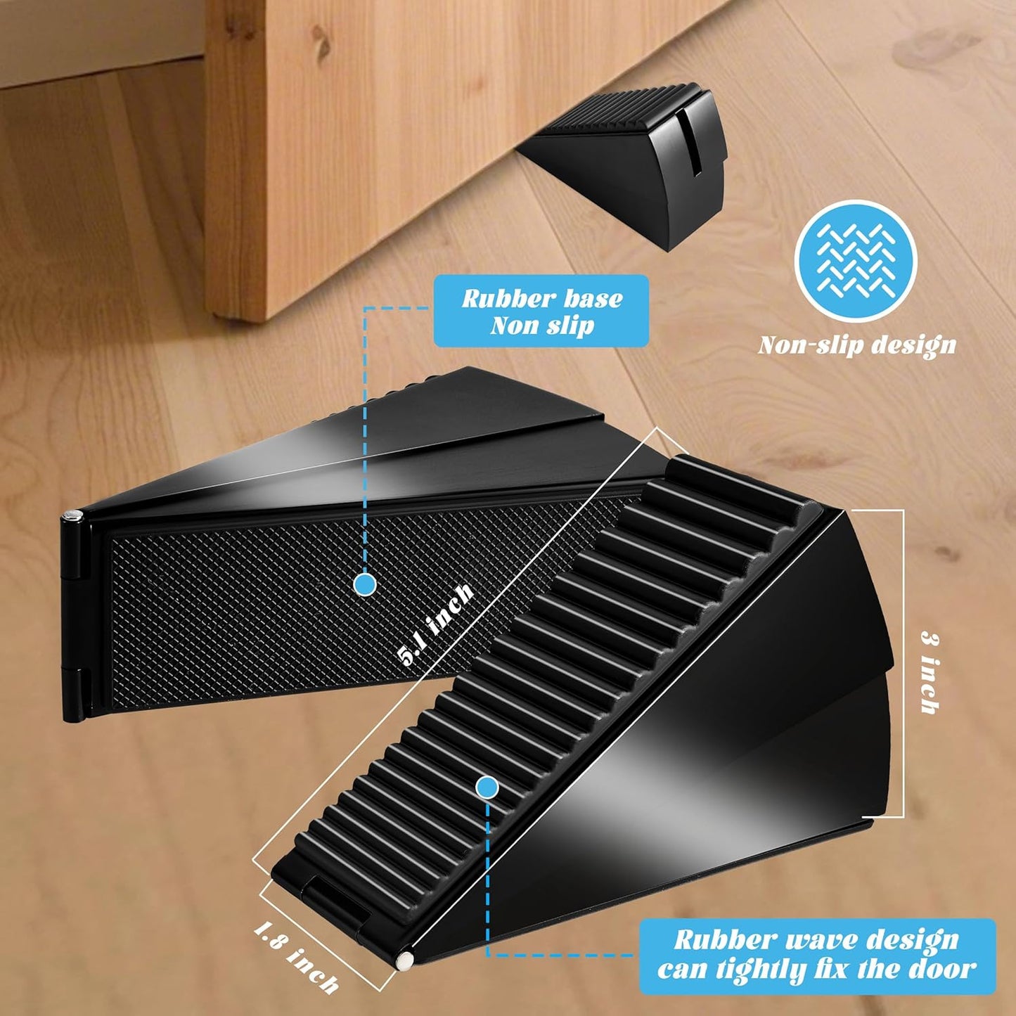 Large Heavy Duty Door Stoppers, Premium Spring Door Stopper for Bottom of Door, Adjustable Large Rubber Stoppers Wedge with Metal, Door Stop Suits Any Heavy Door (Black-0ne)