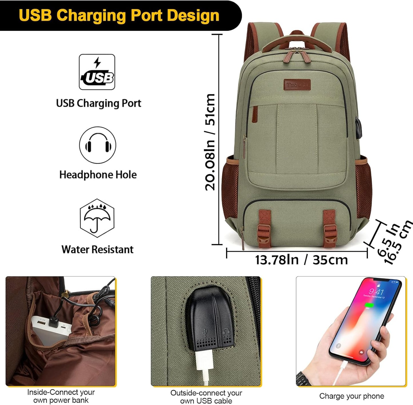 Tzowla Canvas Laptop Backpack, Bag for Men Women,Travel Work Rucksack Fits 17.3 Inch Laptop, Bookbag with USB Charging Port