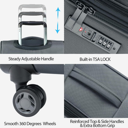 KROSER Softside Expandable Carry On Luggage with Spinner Wheels & Built-in TSA Lock, Durable Suitcase Rolling Luggage with USB Port, Carry-On 20-Inch, Grey