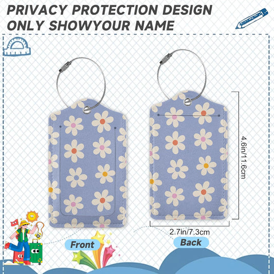 2 Pack Luggage Tag for Suitcase, Groovy Daisy Flowers Leather Bag Tags Identifiers Privacy Cover ID Label with Durable Steel Loop for Women Men Kids Girls Travel