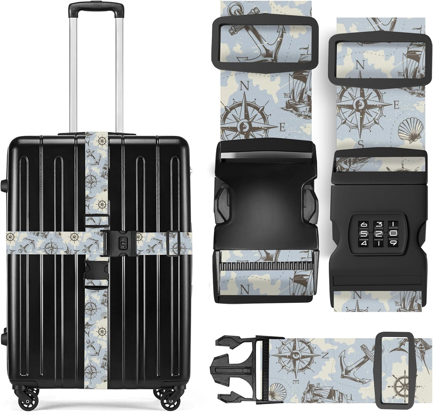 2 Pack Luggage Straps, Adjustable Cute Printing with Combination Lock Luggage Straps for Women Men Travel School Business Trips-Sailing