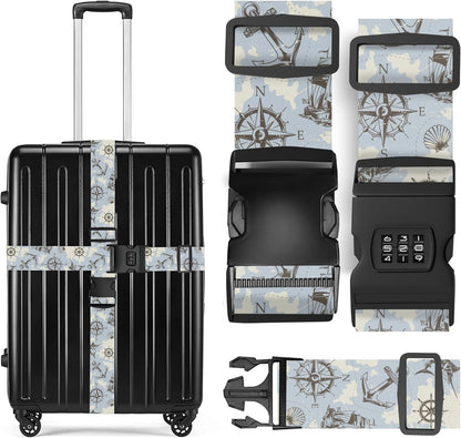 2 Pack Luggage Straps, Adjustable Cute Printing with Combination Lock Luggage Straps for Women Men Travel School Business Trips-Sailing