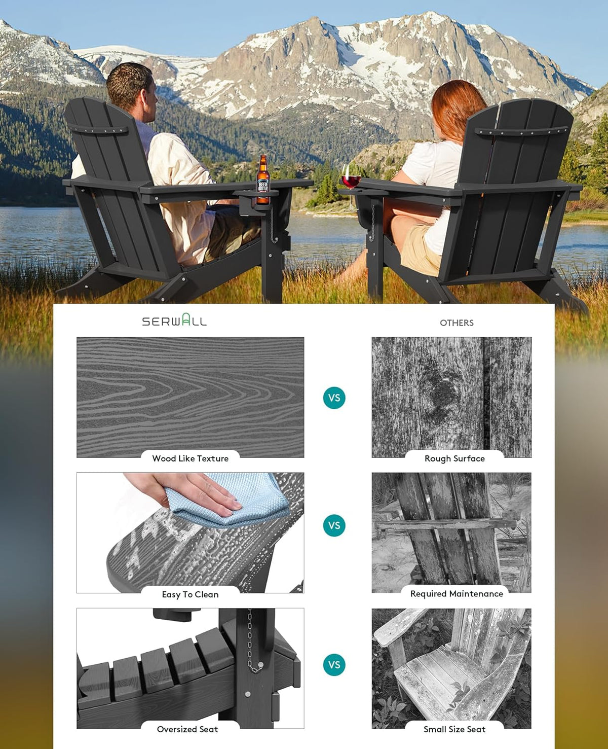SERWALL Foldable Adirondack Chair Set of 4, HDPE Adirondack Chair with Wood-Texture-Gray