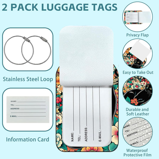 Black Cat and Flower Luggage Tag for Suitcase Set of 2 PU Leather Cute Luggage Tags with Stainless Metal Loop ID Label Privacy Flap Suitcase Tags for Women and Men Travel
