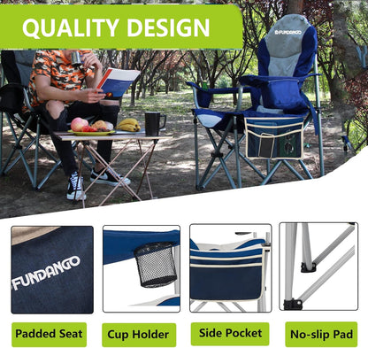 FUNDANGO 2 Packs Oversized Camping Chair with Lumbar Back Support Padded Outdoor Heavy Duty Camping Chair for Adults with Cup Holder, Armrest, Support 300 lbs