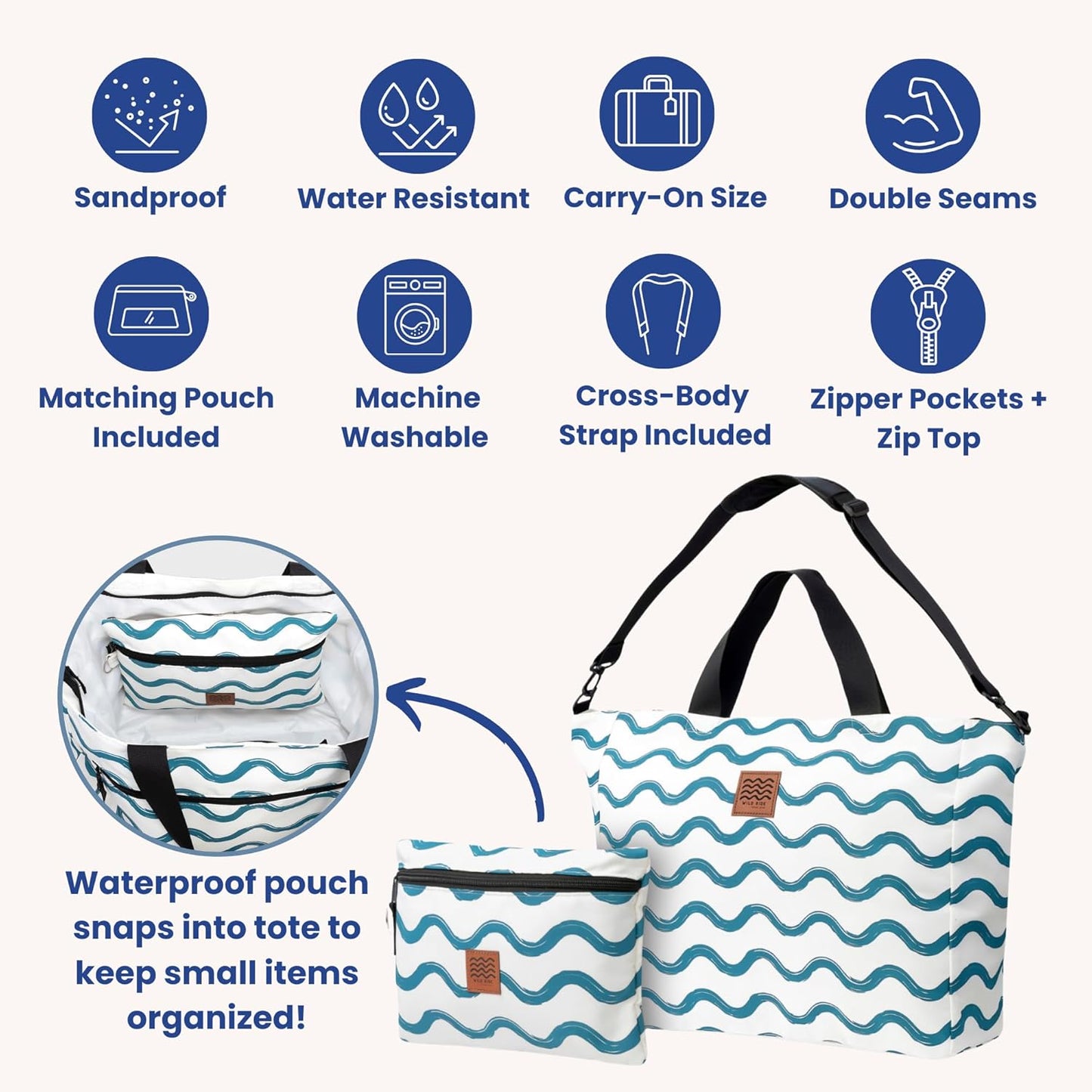 Large Beach Tote Bag for Women – Foldable & Packable Travel Bag with Zipper & Waterproof Pouch, Lightweight & Sandproof