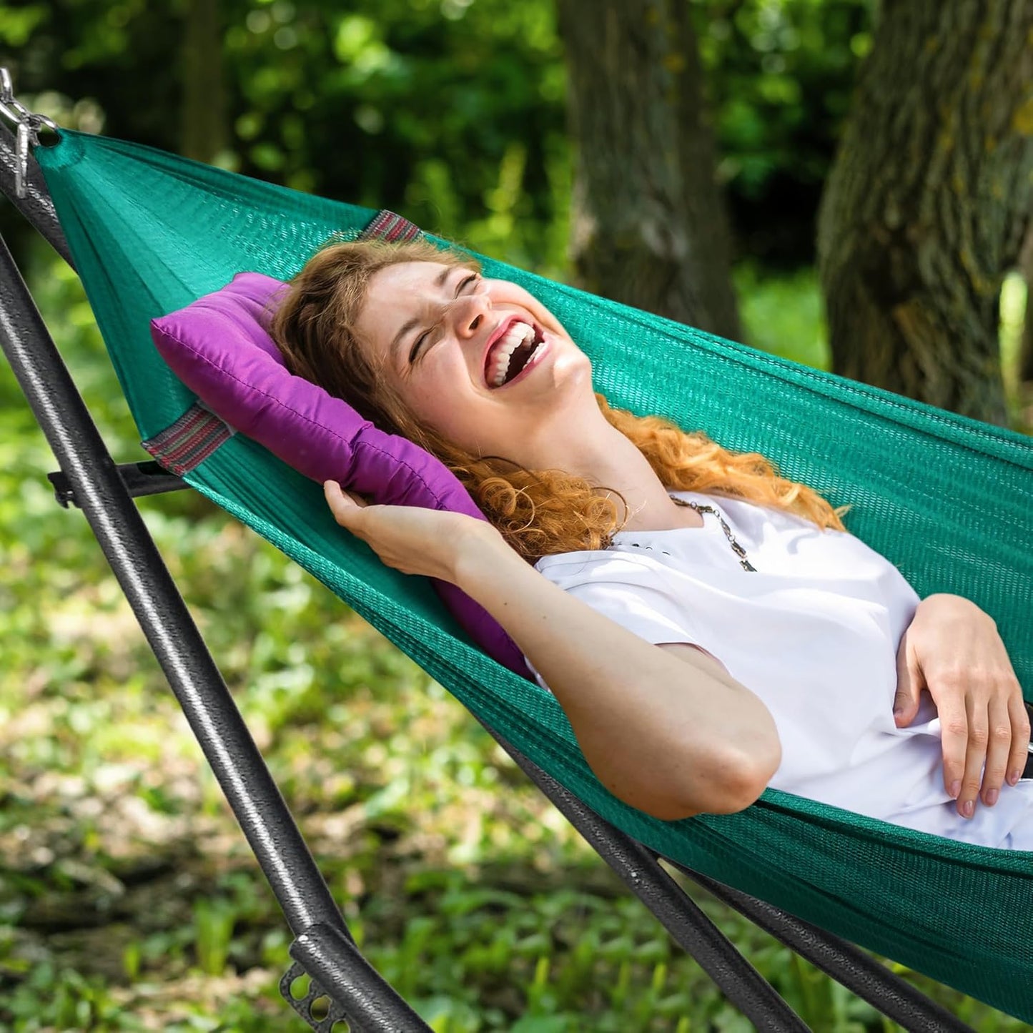Tranquillo Double Hammock with Stand Included for 2 Persons/Foldable Hammock Stand 600 lbs Capacity Portable Case - Inhouse, Outdoor, Camping, Peacock